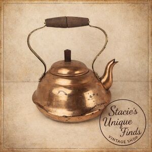 Vintage Solid Copper Tea Pot Kettle Made in Portugal Wood Handle MCM Decor